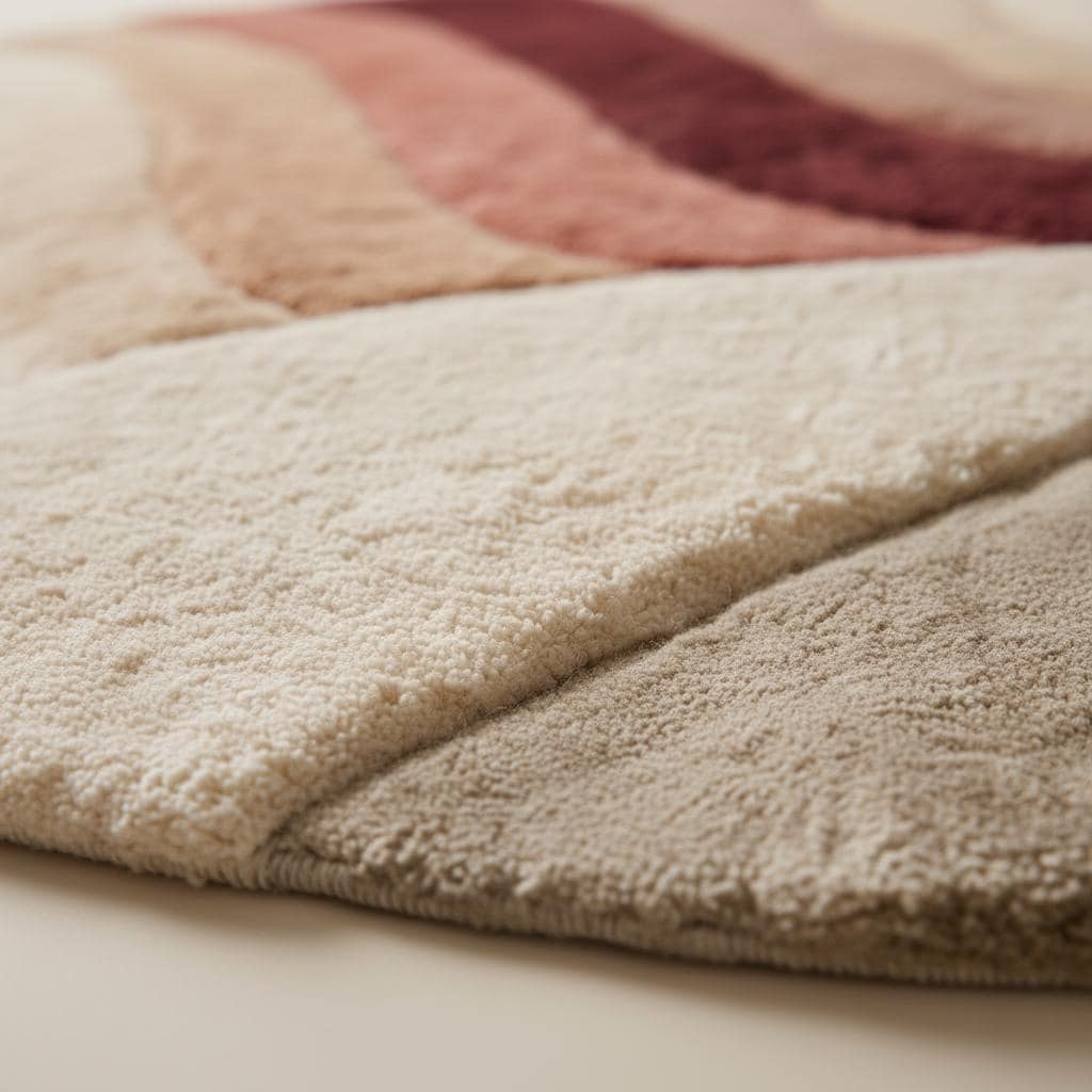 Round tufted wool rug with sunset earth tones and plush soft pile in circular design