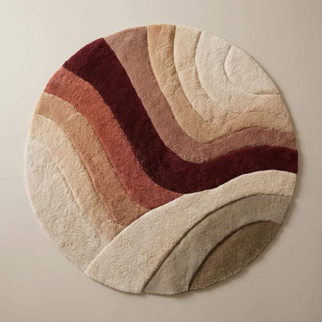 Round tufted wool rug in sunset earth tones with plush soft pile and textured circular pattern