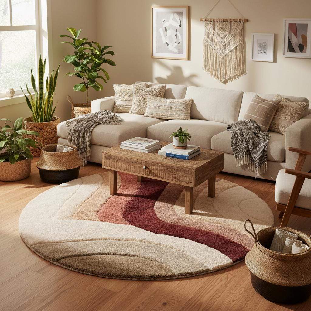 Hand tufted round tufted wool rug with plush soft pile in sunset earth tones for living room decor