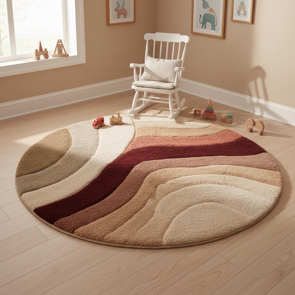 Hand tufted round tufted rug in warm sunset earth tones with plush wool pile and textured circular boho pattern