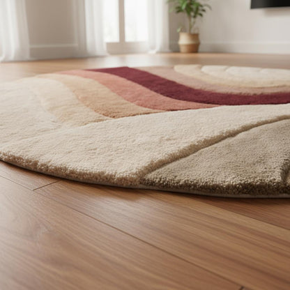 Hand-tufted round tufted rug with plush wool pile in warm earth tones and boho pattern