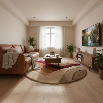 Hand-tufted round tufted rug in sunset earth tones with plush wool pile and textured circular pattern