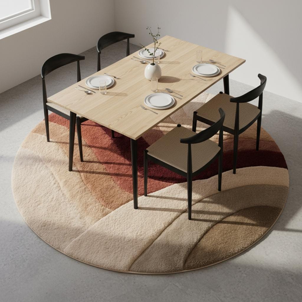 Round tufted wool rug with sunset earth tones, plush pile, and textured circular boho design