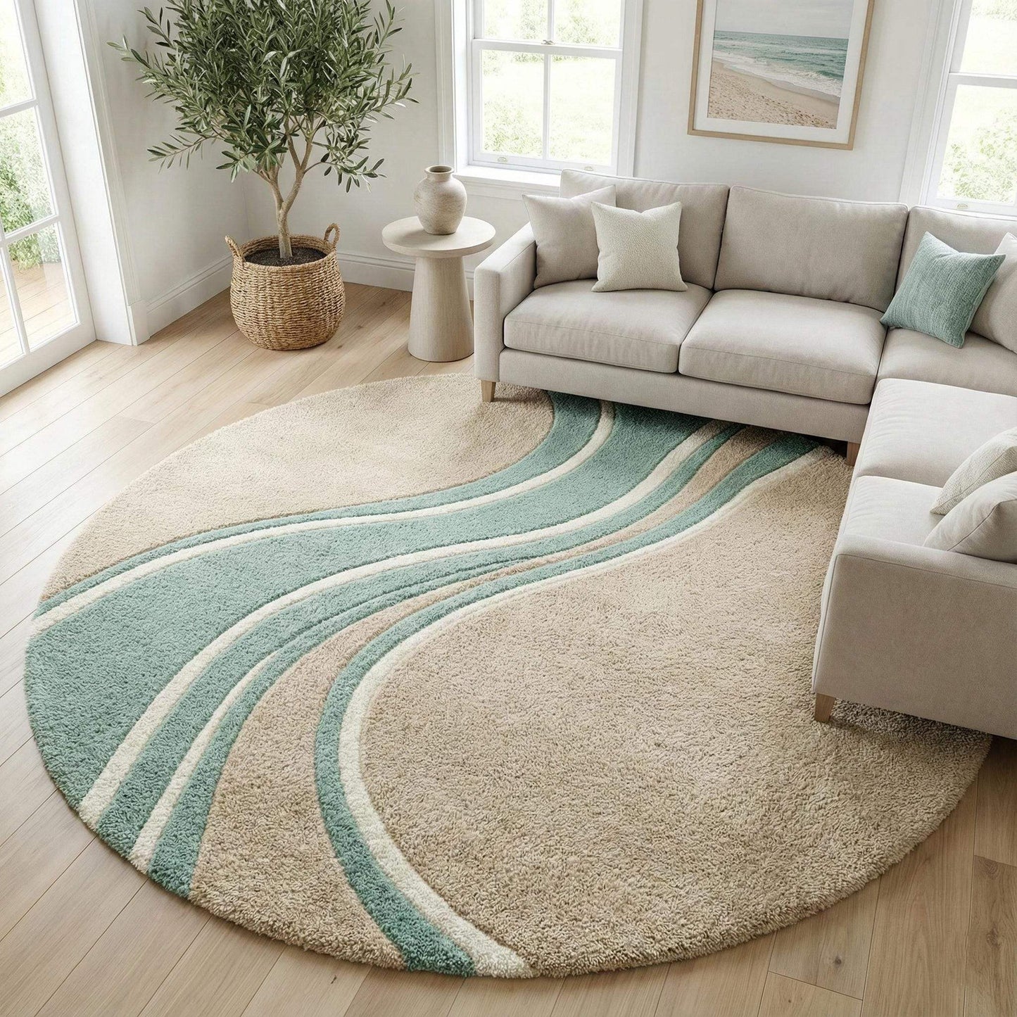 Round wavy rug with teal beige abstract wave pattern and mid century modern design