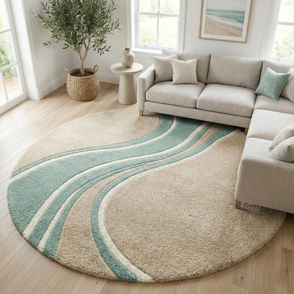 Round wavy rug with teal beige abstract wave pattern and mid century modern design