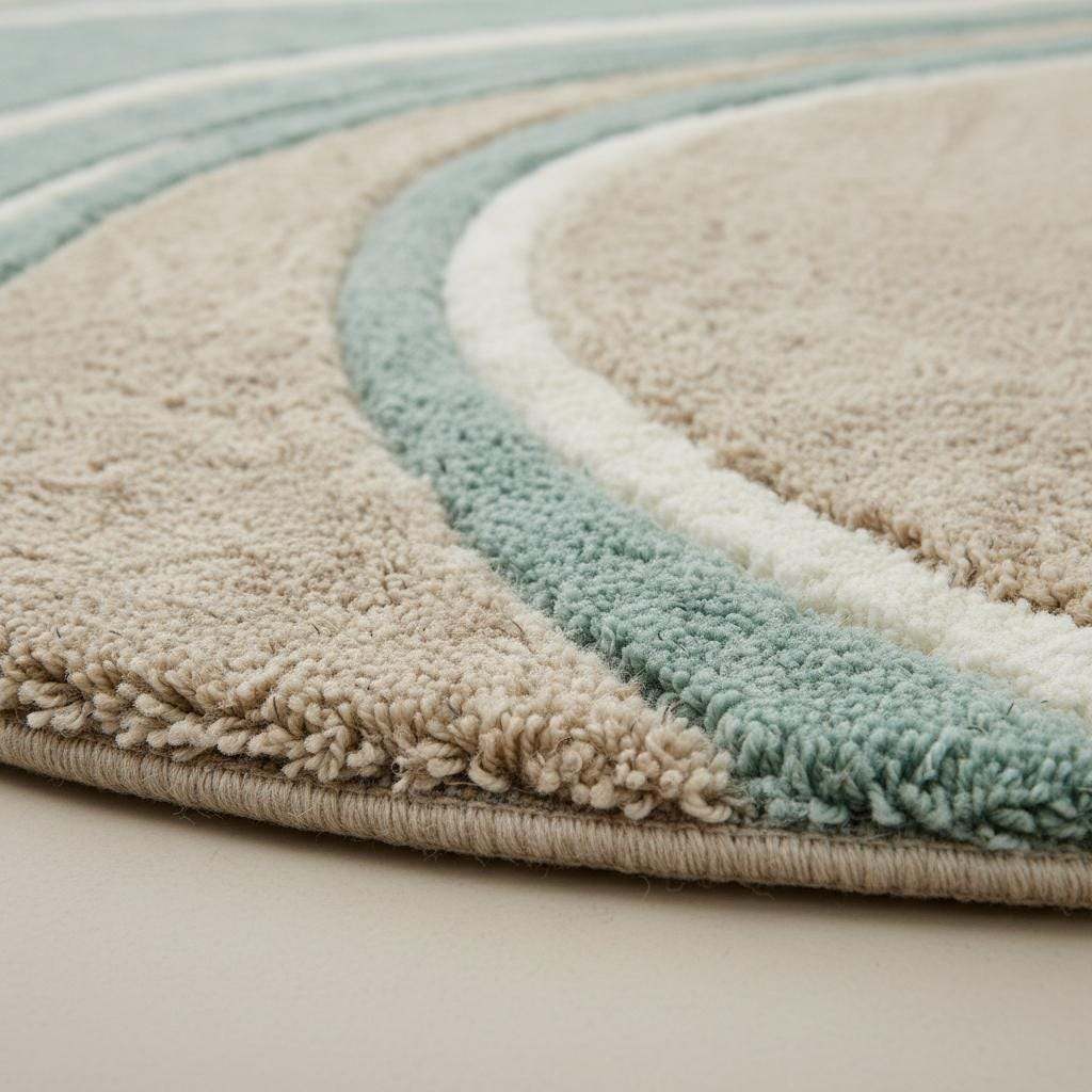Round wavy rug in teal beige with modern mid century wave pattern and plush texture