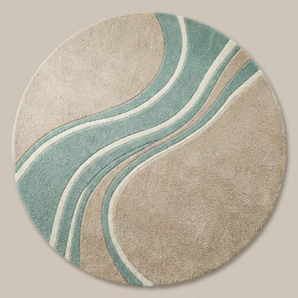 Round wavy rug with teal beige mid century wave pattern, soft plush fibers, and curved edges for modern living room decor