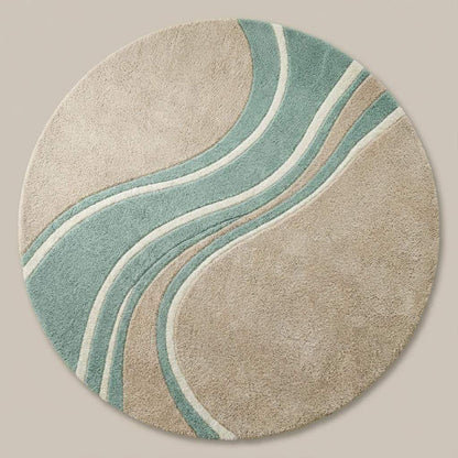 Round wavy rug with teal beige mid century wave pattern, soft plush fibers, and curved edges for modern living room decor