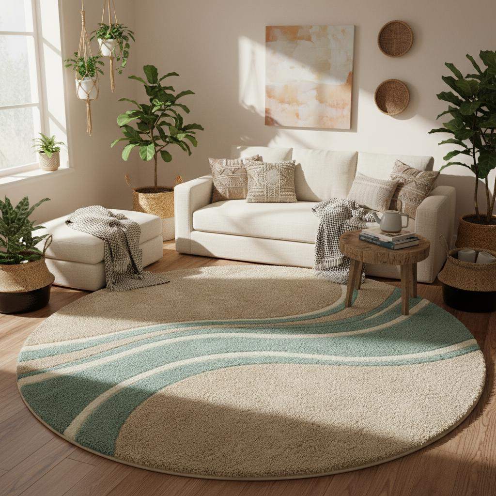 Round wavy rug with teal beige wave pattern and plush hand tufted fibers