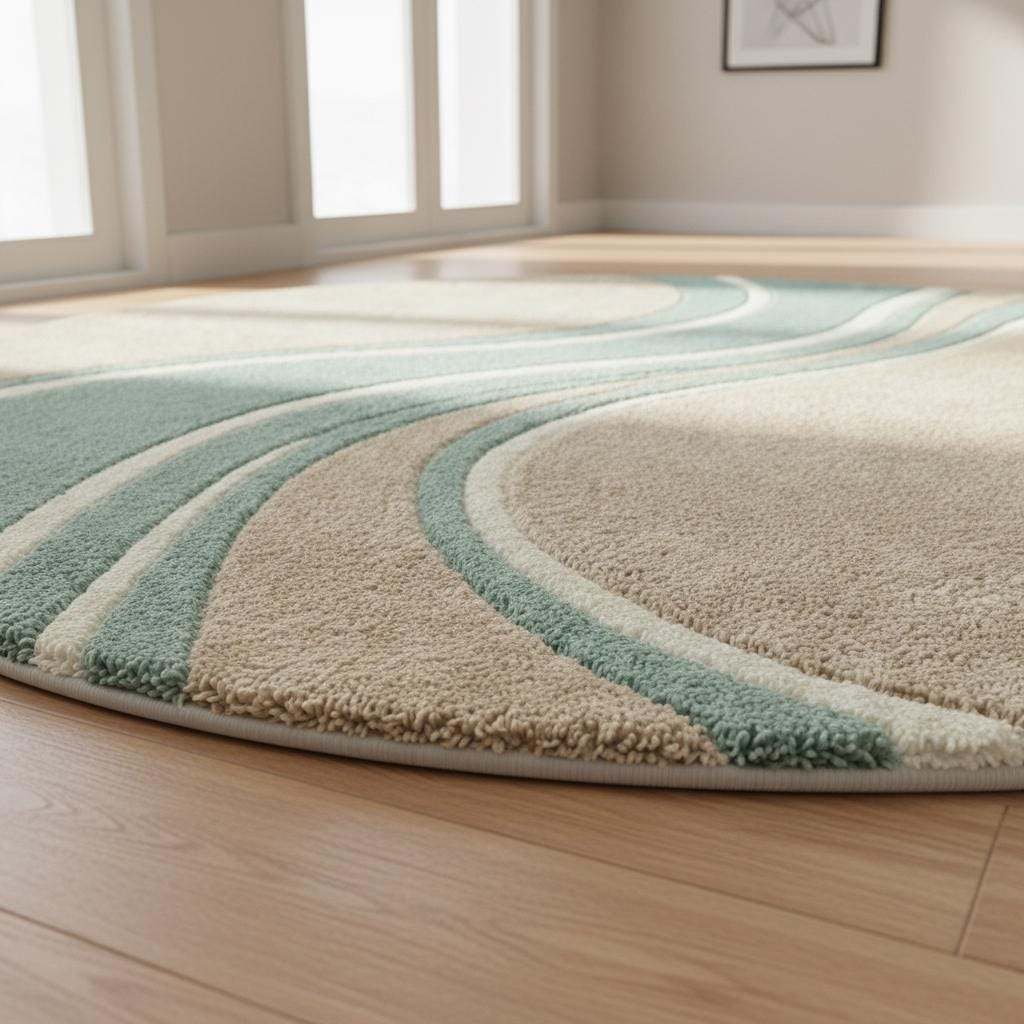 Round wavy rug with teal beige wave pattern and plush hand tufted fibers for modern mid century decor