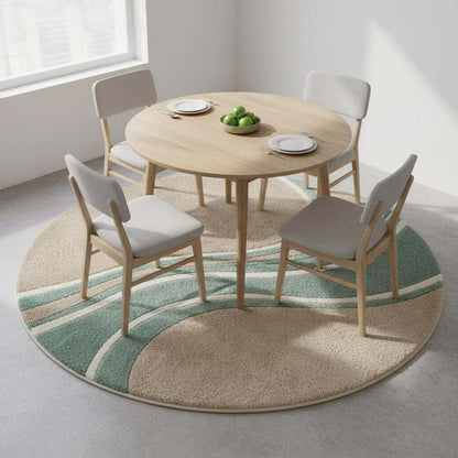 Modern round wavy rug with teal beige wave pattern and plush hand tufted fibers