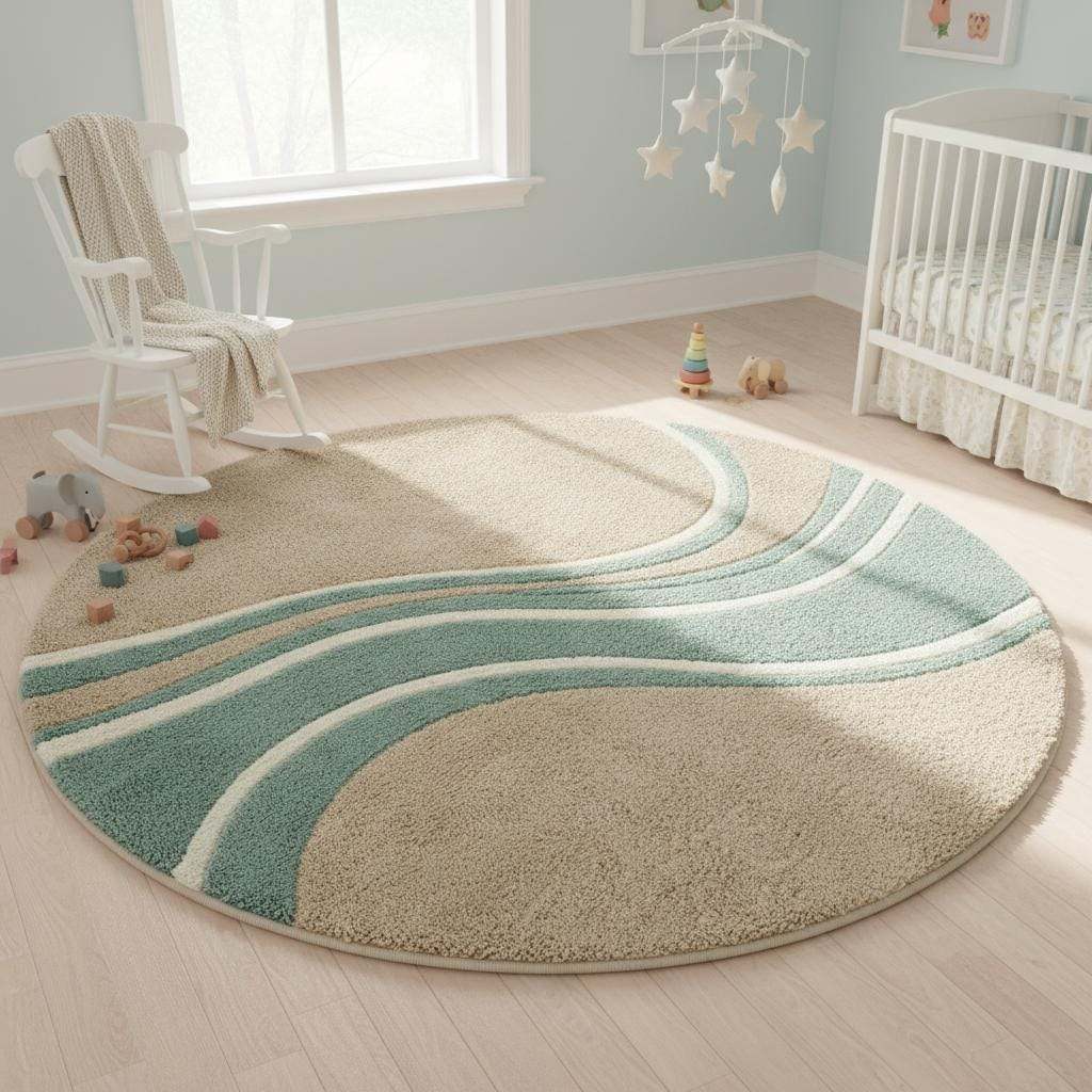 Round wavy rug with teal beige abstract wave pattern and mid century modern design
