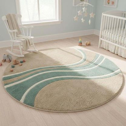 Round wavy rug with teal beige abstract wave pattern and mid century modern design