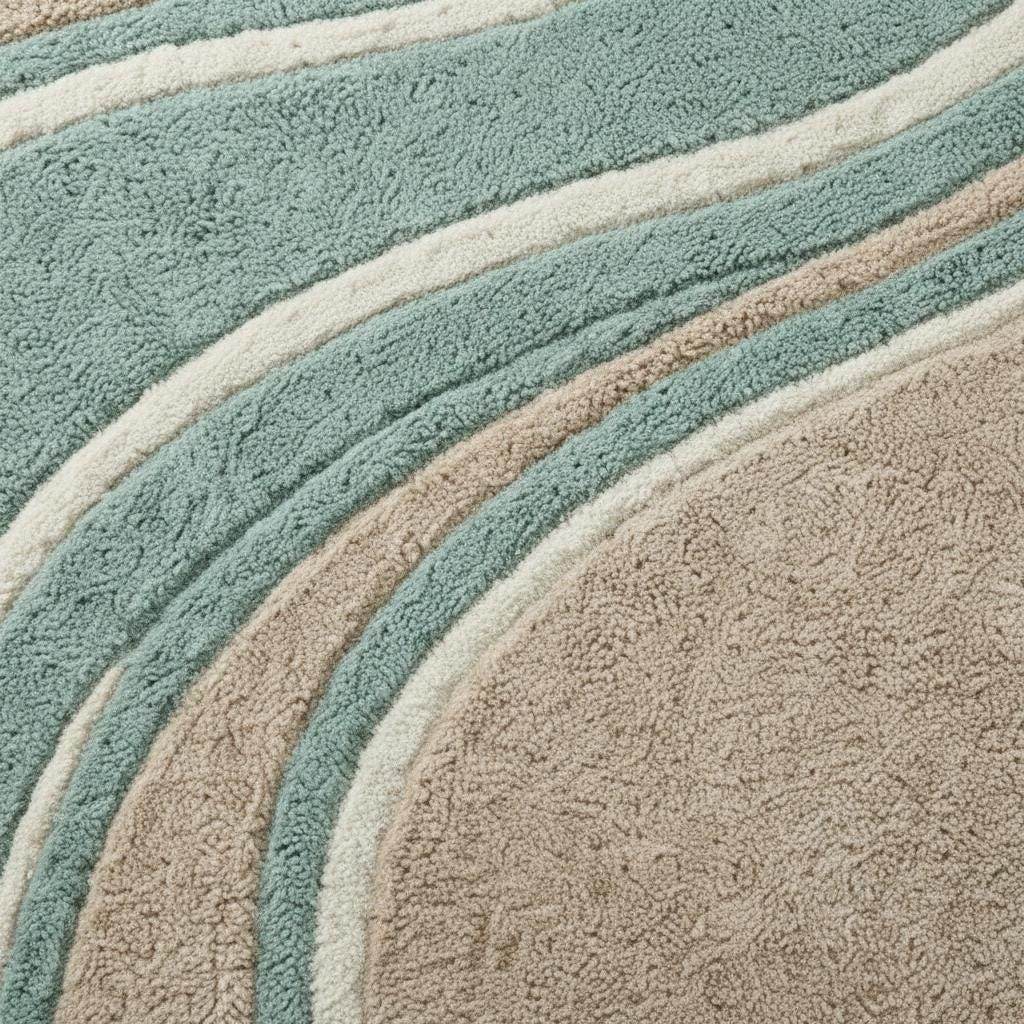 Modern teal beige round wavy rug with abstract wave pattern and plush hand tufted fibers
