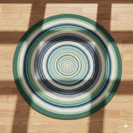 Round Coastal Outdoor Rug Blue & Green Circular Patio Carpet for Deck, Balcony Size-6x6 Feet Custmizable