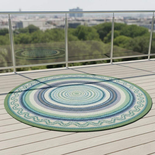 Round Coastal Outdoor Rug Blue & Green Circular Patio Carpet for Deck, Balcony Size-6x6 Feet Custmizable