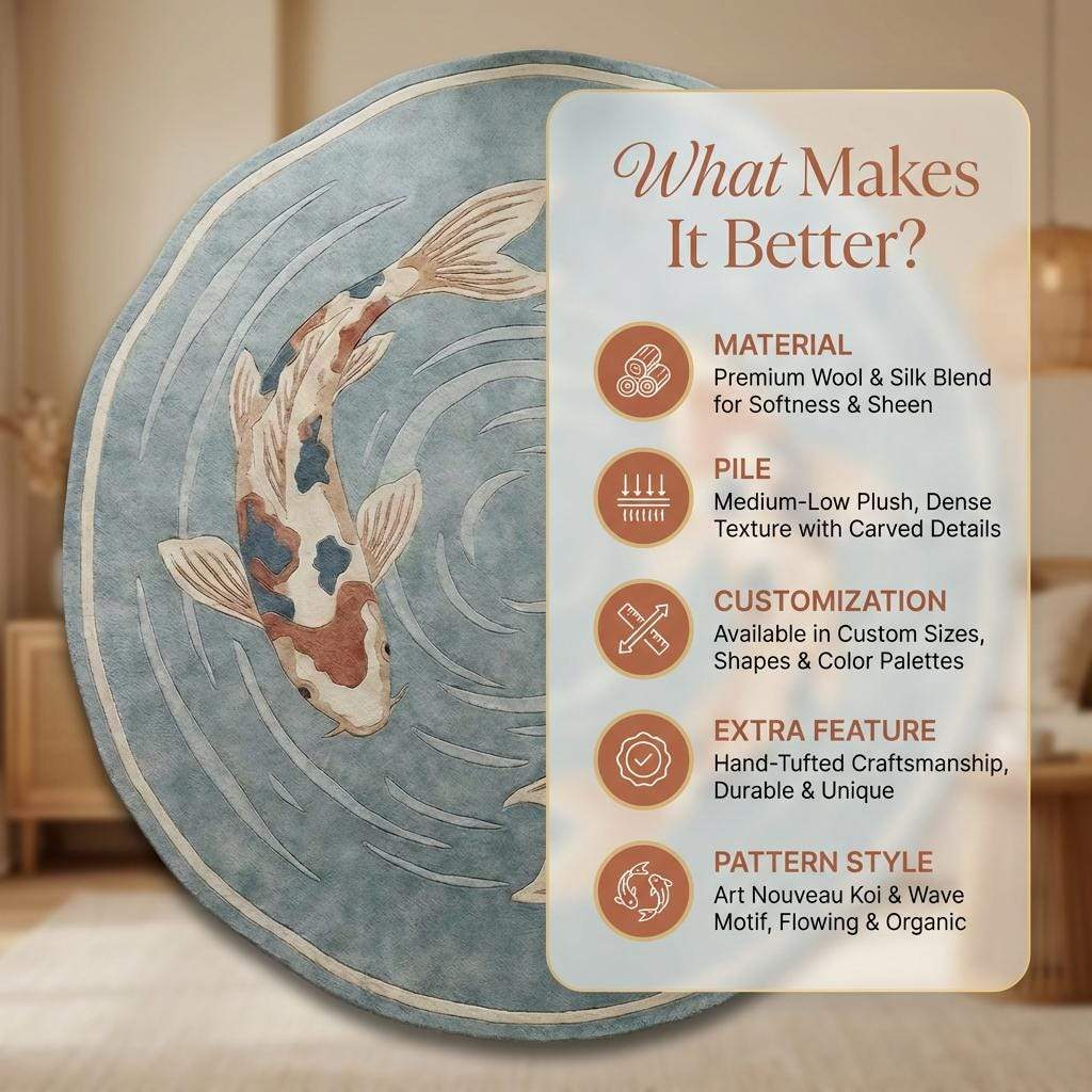 Round Koi Fish Area Rug Handmade Wool Japanese Zen Modern Home Decor
