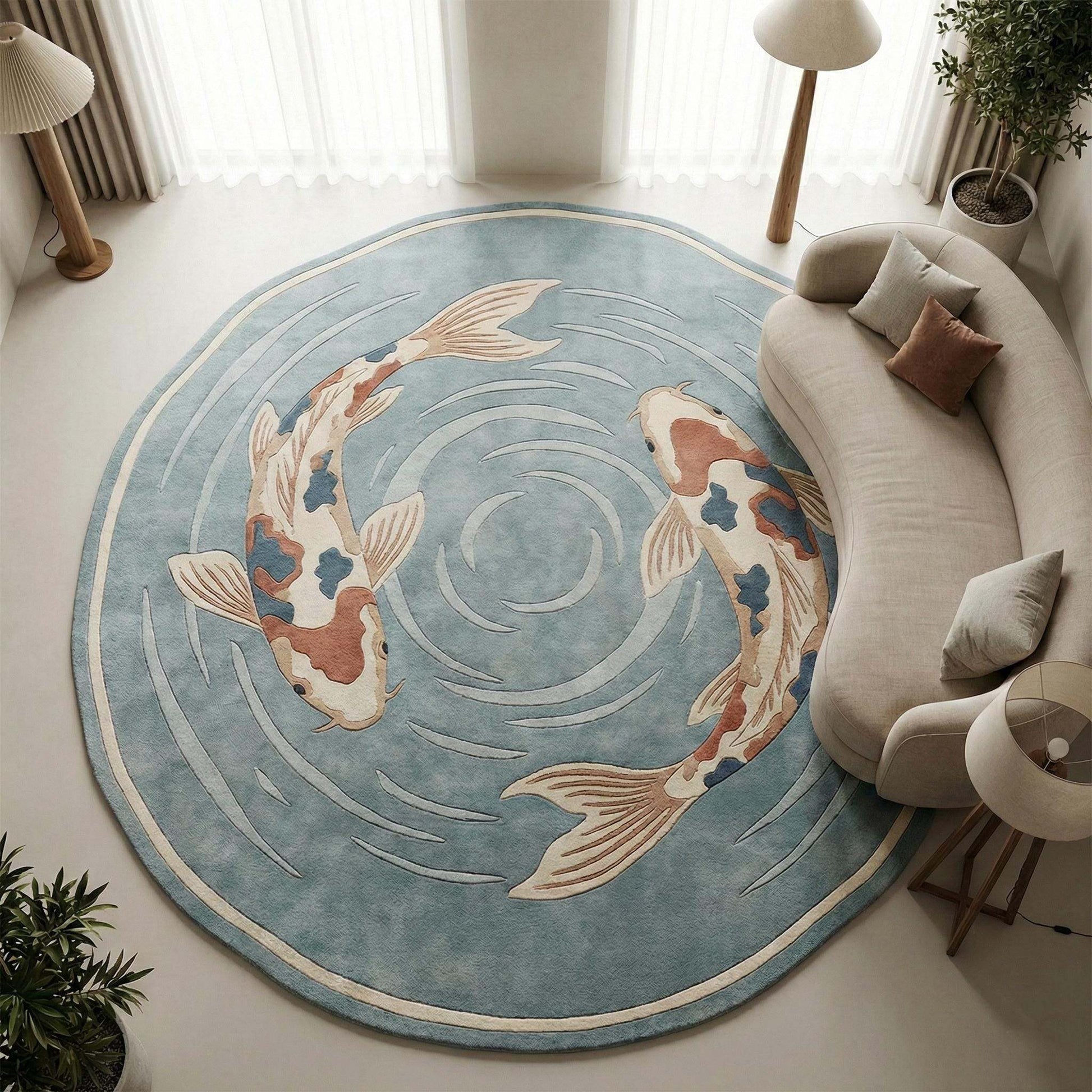 Round koi fish area rug with handmade wool, Japanese Zen design, featuring two koi on blue background for modern home decor.