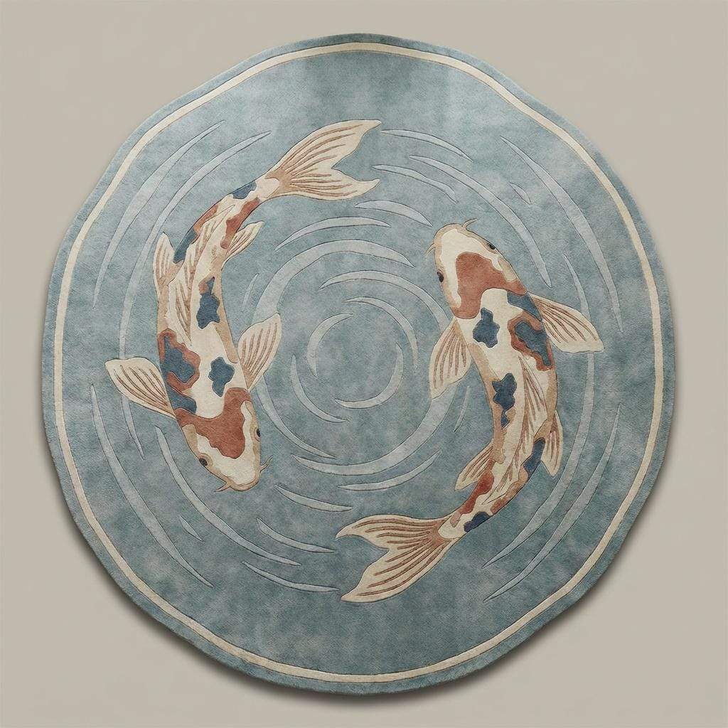 Modern round wool rug with koi fish design for living room decor