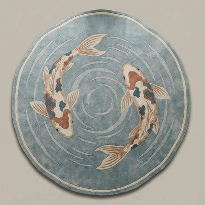Modern round wool rug with koi fish design for living room decor