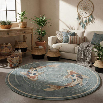 Japanese inspired koi carp rug handmade with calming blue tones