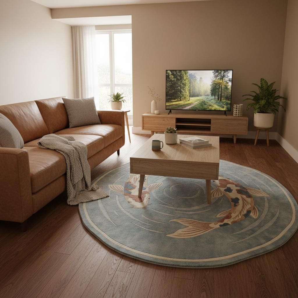 Decorative round koi fish rug perfect for zen and japandi interiors