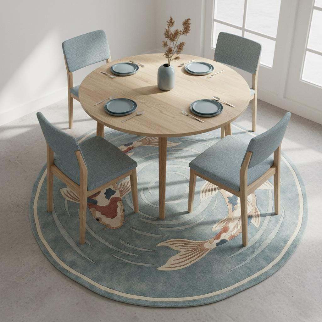 Round Koi Fish Area Rug Handmade Wool Japanese Zen Modern Home Decor