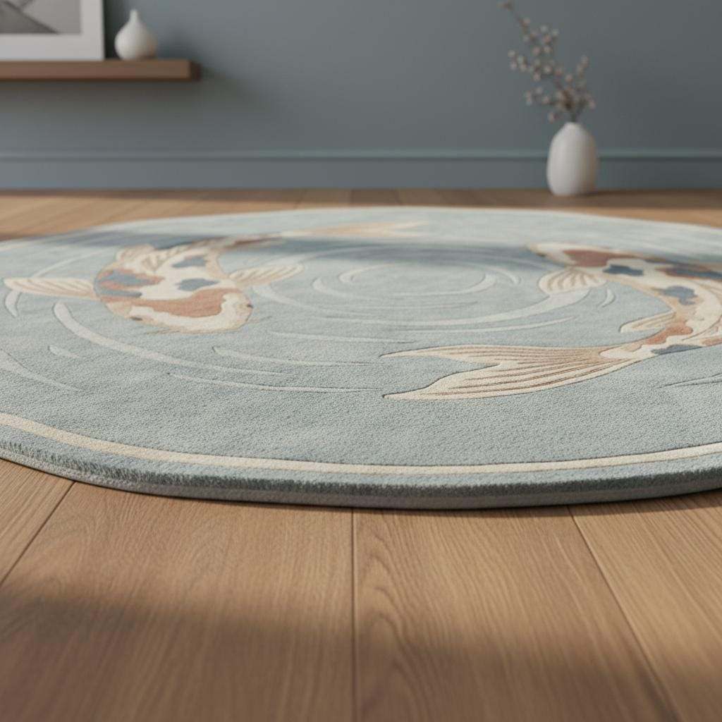 Round Koi Fish Area Rug Handmade Wool Japanese Zen Modern Home Decor