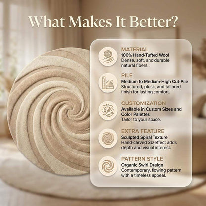 Round Tufted Wool Swirl Rug, Neutral Modern Minimalist Living Room Decor Gift