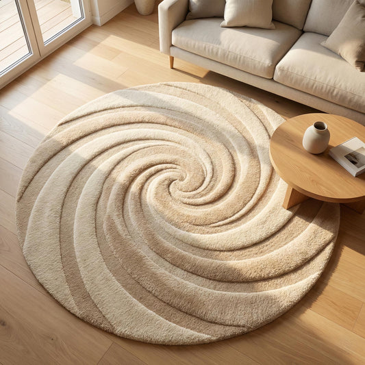Round tufted wool swirl rug in neutral beige and cream, modern minimalist living room decor, plush carved 3D texture, cozy statement rug under coffee table