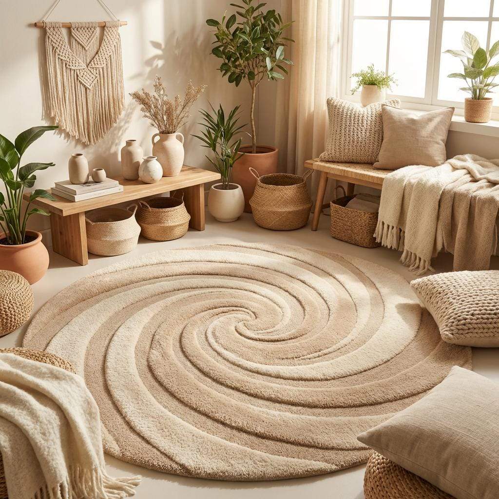 Hand tufted round wool rug with spiral swirl pattern, beige neutral aesthetic home decor, modern sculpted high low pile rug for living room and bedroom