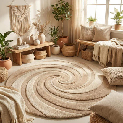 Hand tufted round wool rug with spiral swirl pattern, beige neutral aesthetic home decor, modern sculpted high low pile rug for living room and bedroom