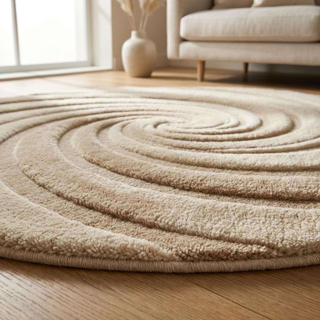 Modern round neutral tufted rug, textured swirl carved design, soft plush wool area rug for Scandinavian Japandi interior, warm cozy home refresh decor