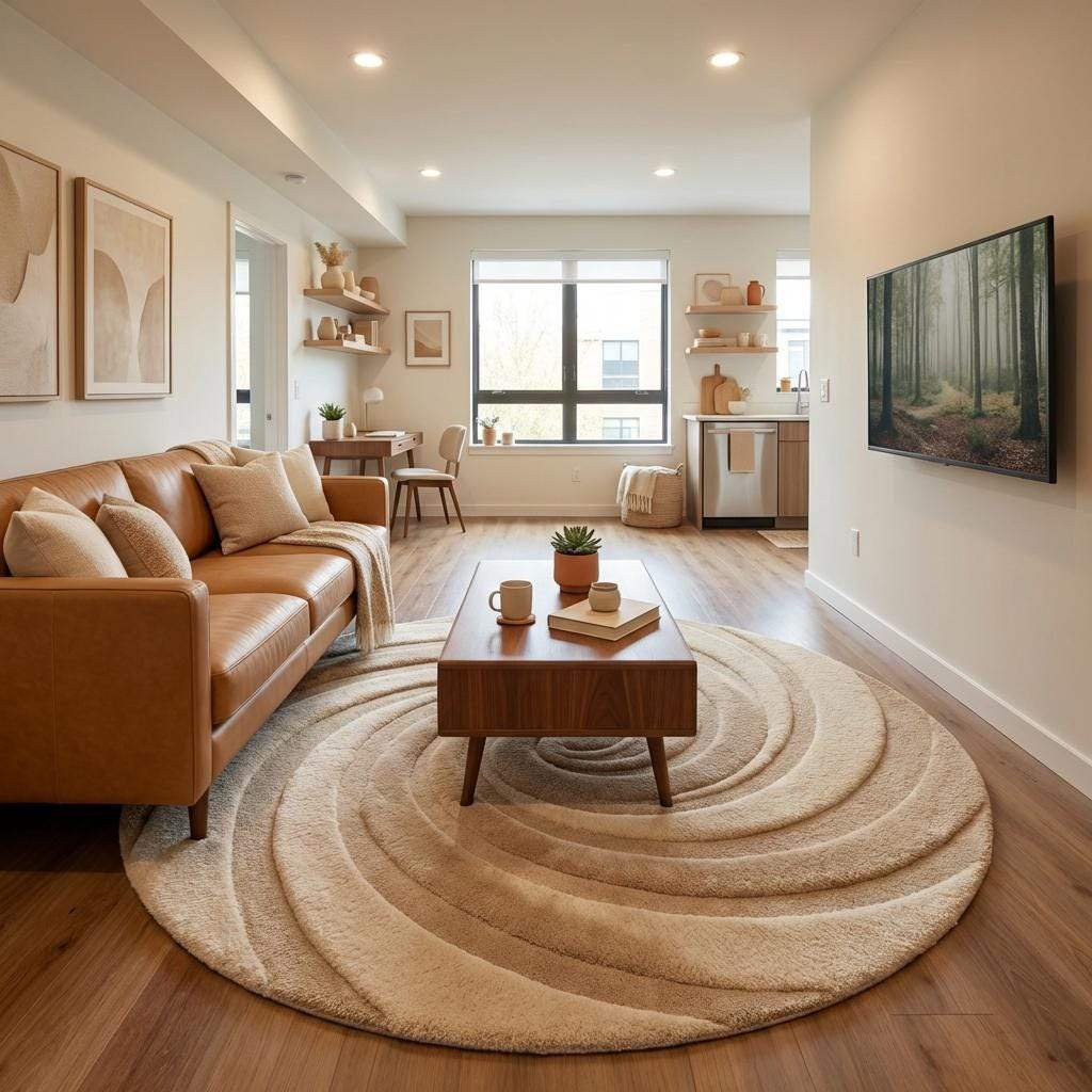 Round beige cream wool rug with abstract swirl pattern, minimalist statement decor rug for living room, luxury tufted rug perfect for coffee table space