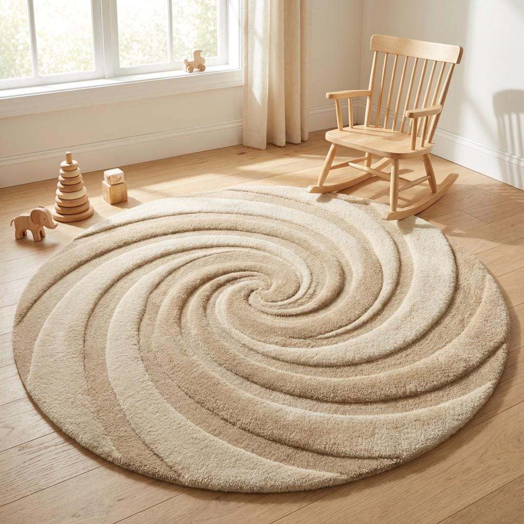 Round Tufted Wool Swirl Rug, Neutral Modern Minimalist Living Room Decor Gift