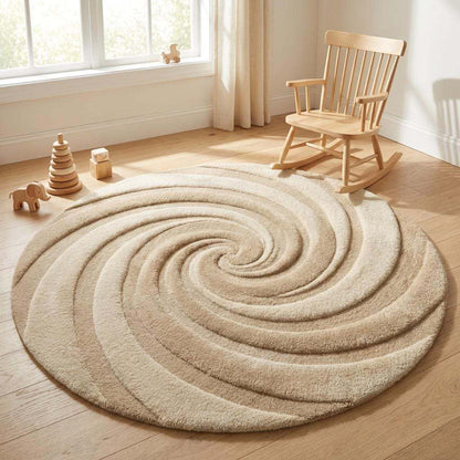 Round Tufted Wool Swirl Rug, Neutral Modern Minimalist Living Room Decor Gift