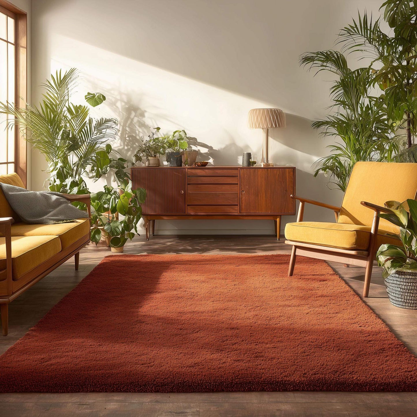 Rust shag rug in living room with vintage style and plush high pile carpet