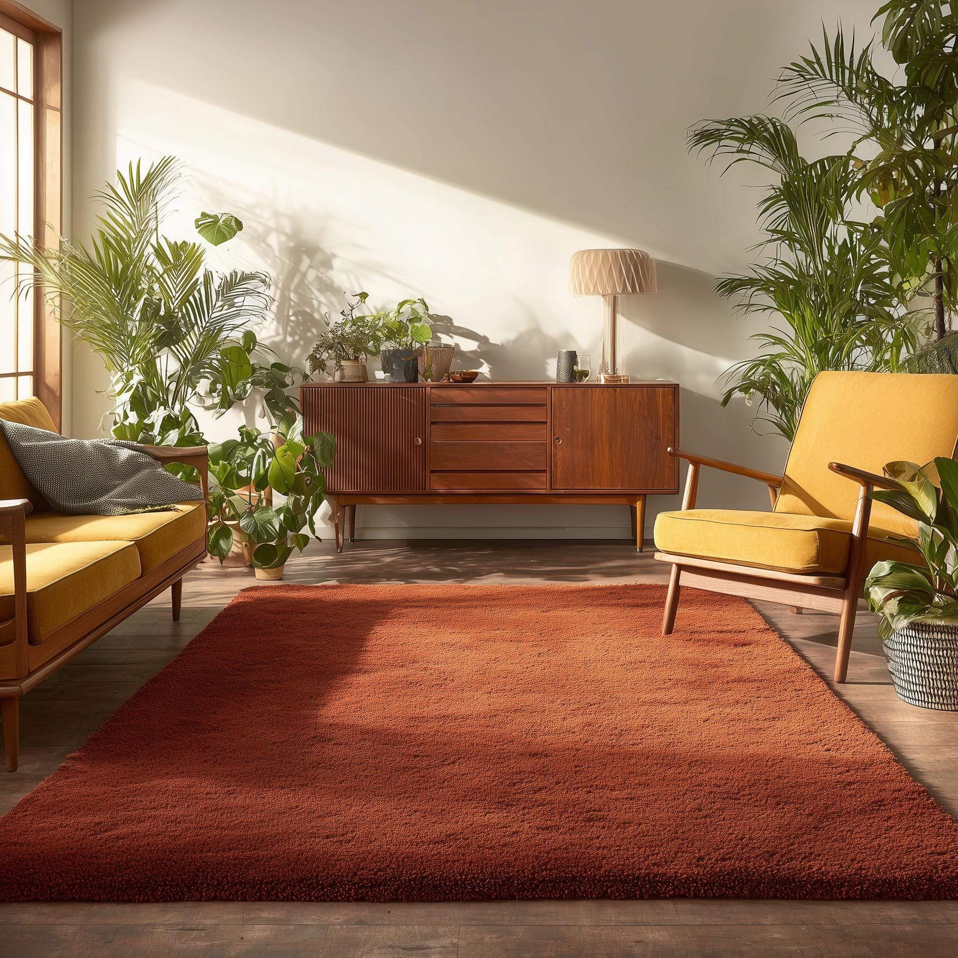 Rust shag rug in living room with vintage style and plush high pile carpet