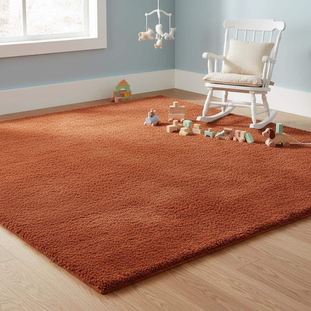 Rust shag rug in cozy living room with vintage high pile and retro orange tones