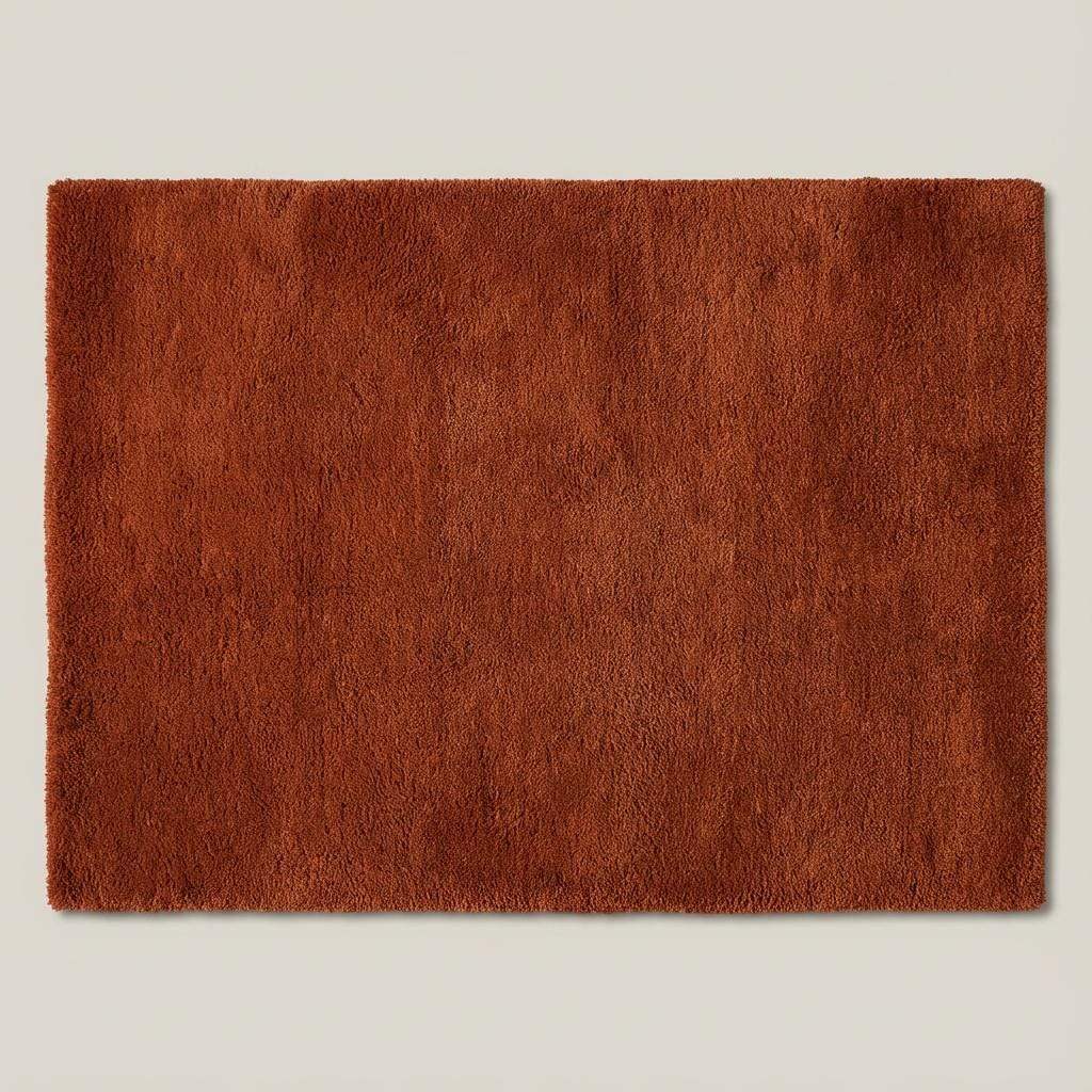 Rust shag rug in cozy living room with high pile vintage style carpet