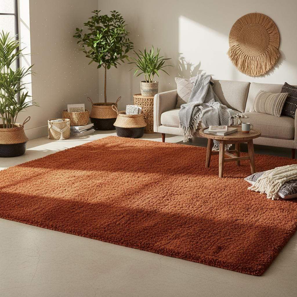 Rust shag rug in cozy living room with high pile and vintage style