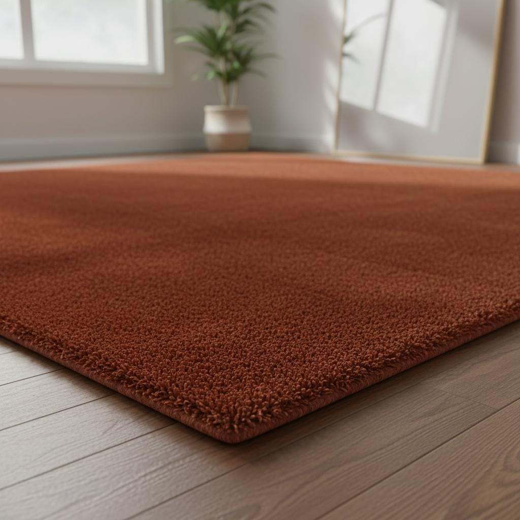 Rust shag rug high pile vintage style cozy living room carpet in warm rust and retro orange tones