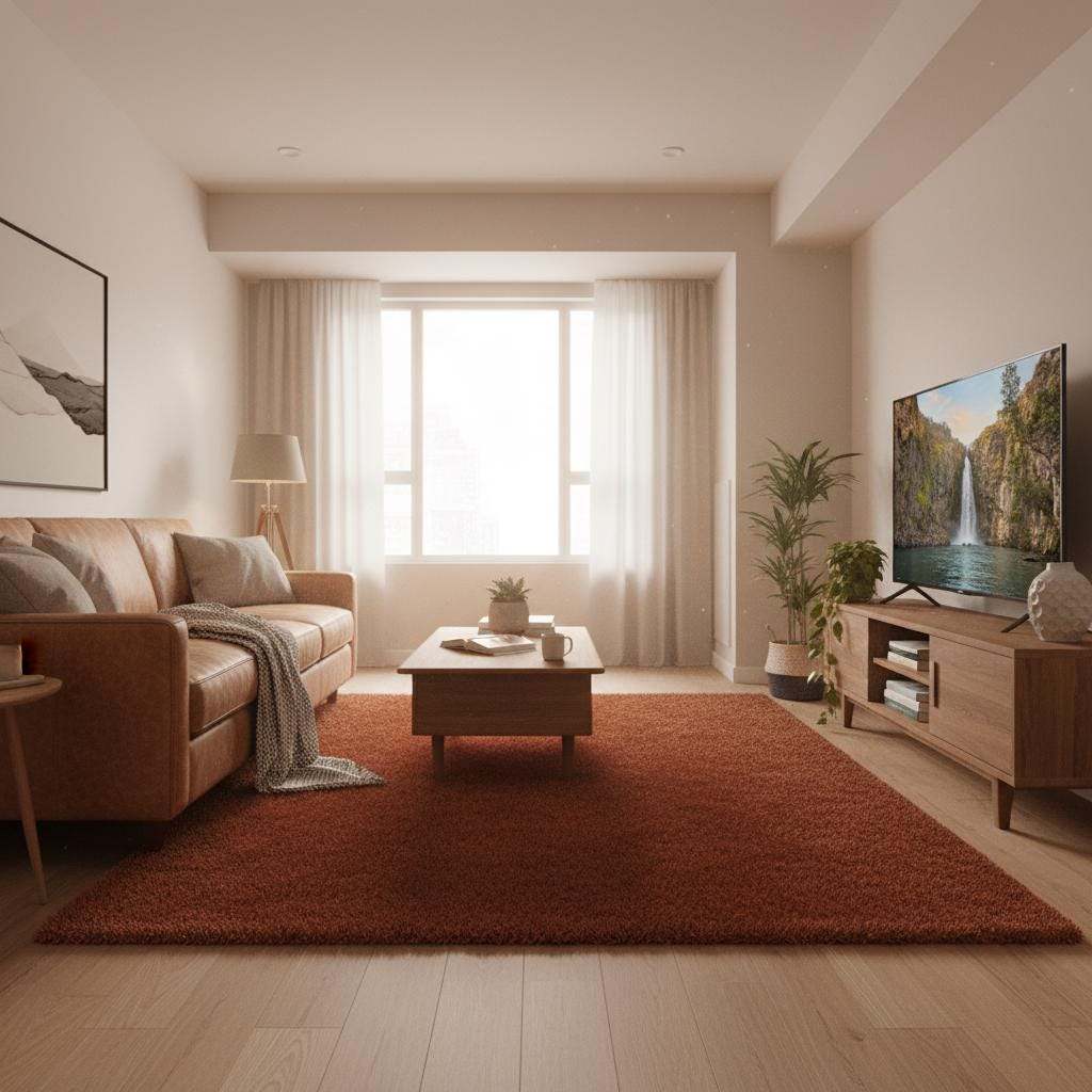 Rust shag rug in cozy living room with high pile, vintage style, and durable non-shedding fibers.