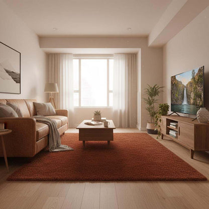 Rust shag rug in cozy living room with high pile, vintage style, and durable non-shedding fibers.