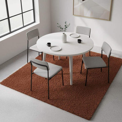 Rust shag rug in cozy living room with high pile vintage style and retro orange accents