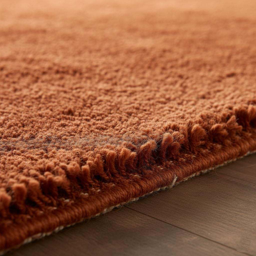 Rust shag rug in living room with plush high pile and vintage rust orange tones