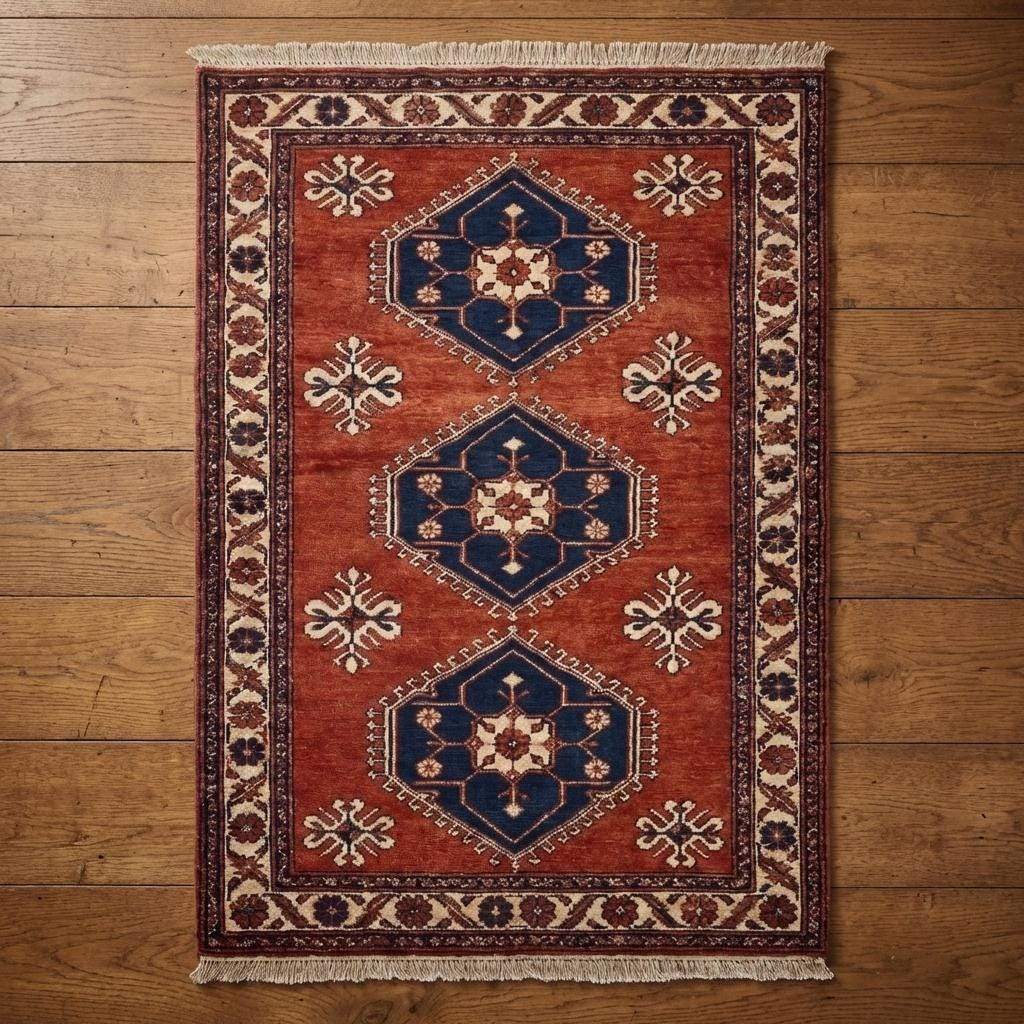 Rust red tribal hand knotted wool rug with geometric Kazak design in living room setting
