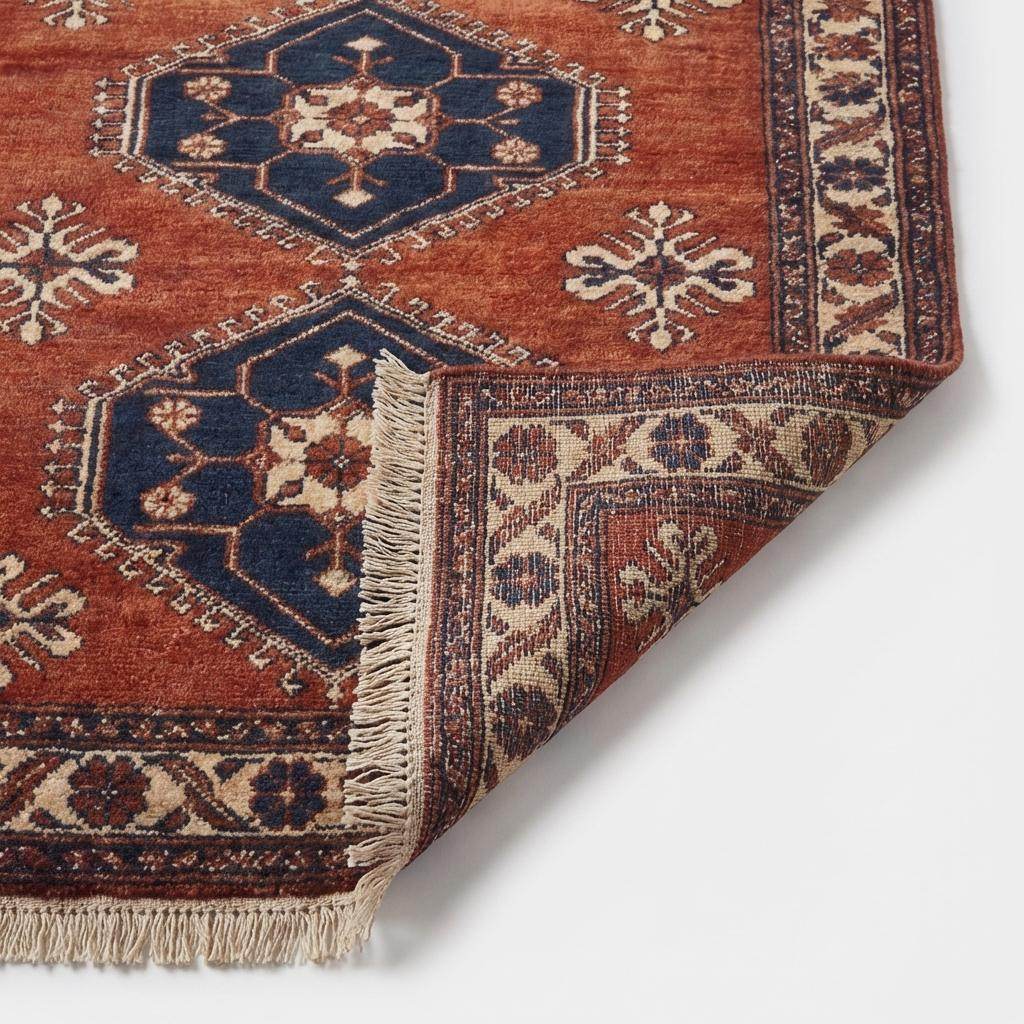 Rust red tribal hand knotted wool rug with navy geometric Kazak design for living room decor