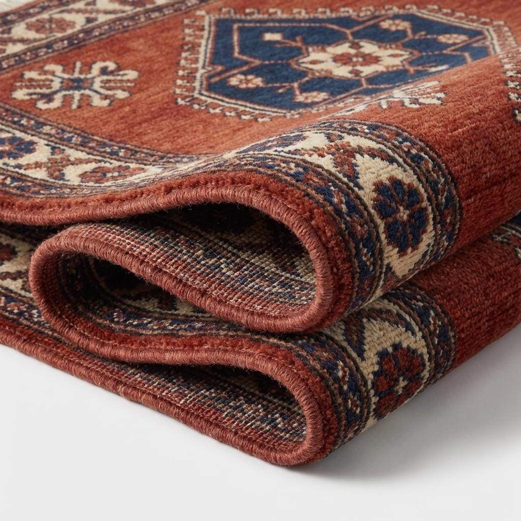 Rust red tribal hand knotted wool rug with geometric Kazak design for living room decor