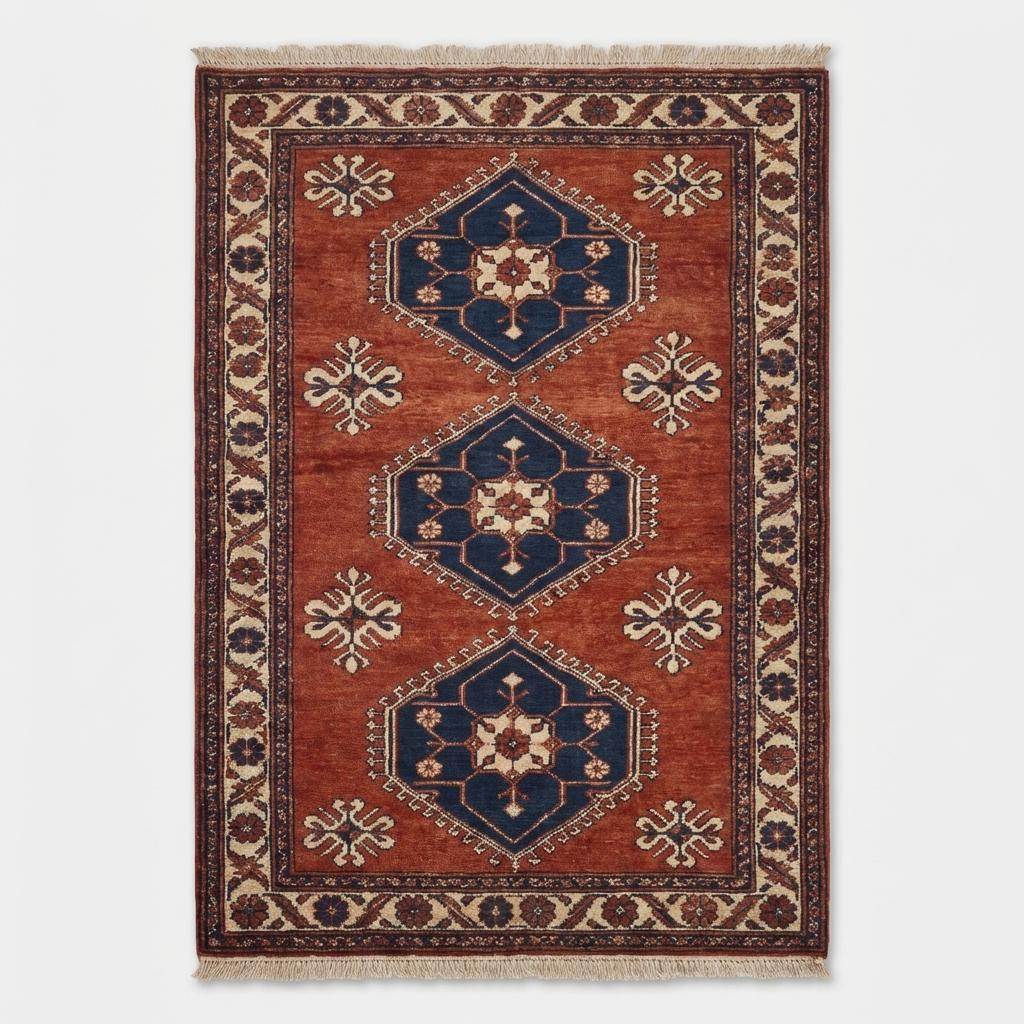 Rust red tribal hand knotted wool rug with geometric Kazak design for living room decor